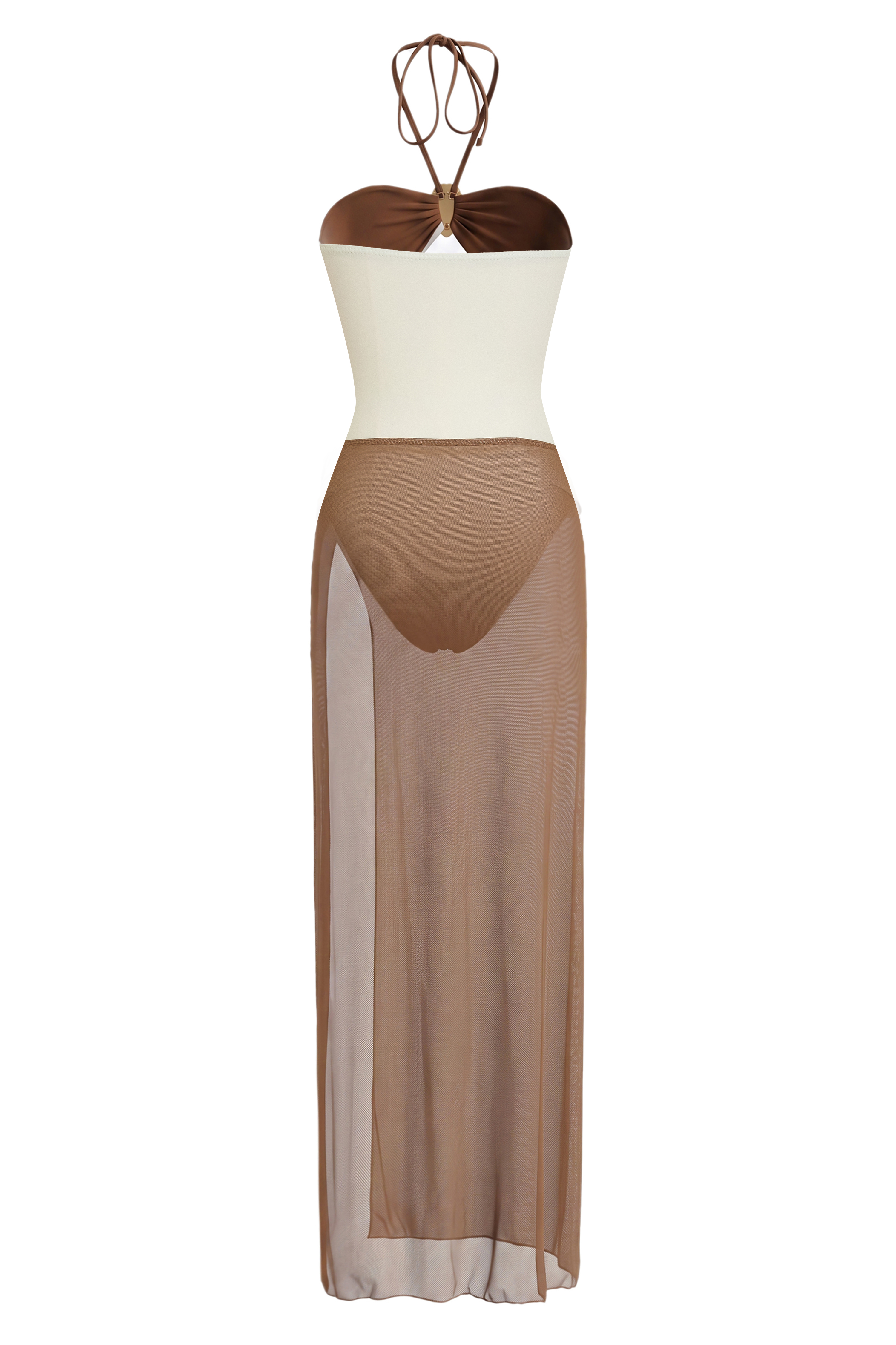 Halter-Neck Metal  Decorated One Piece Swimsuit & Cover Up Skirt Set