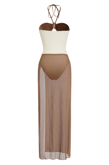 Halter-Neck Metal  Decorated One Piece Swimsuit & Cover Up Skirt Set