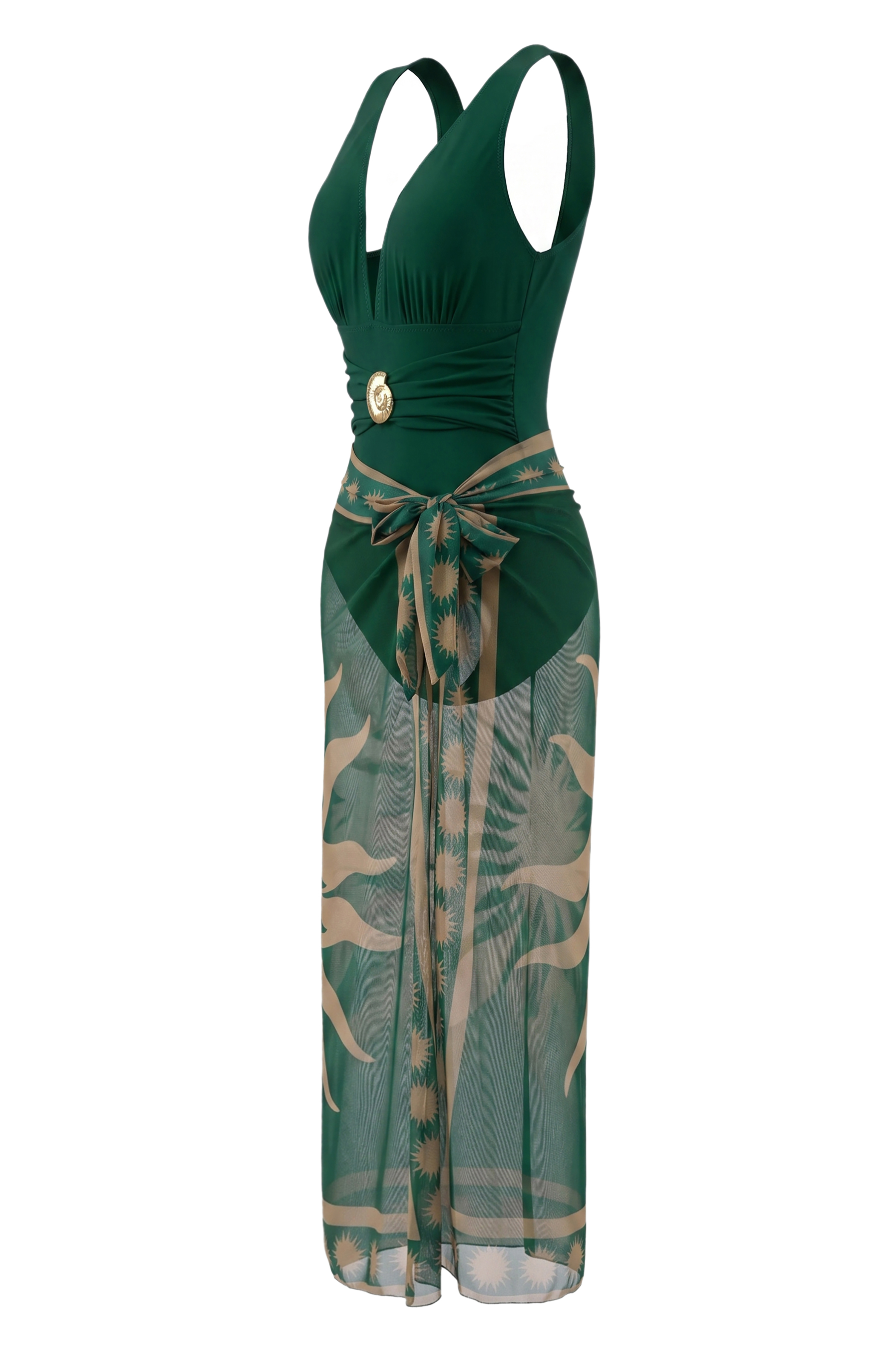 Metallic Conch Decorated One Piece Swimsuit & Tie-Wrap Cover Up Skirt Set