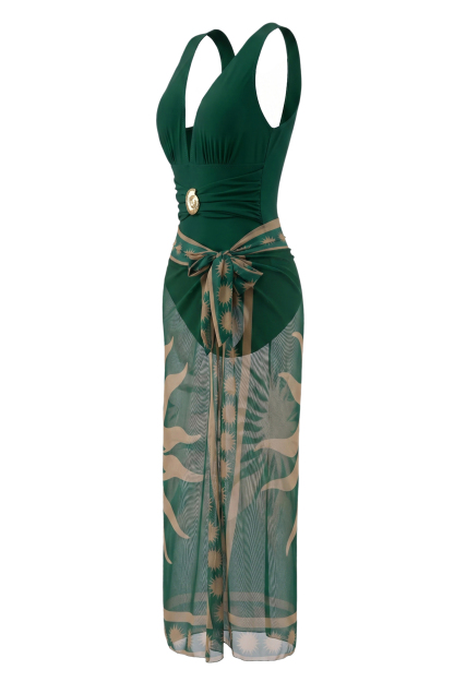 Metallic Conch Decorated One Piece Swimsuit & Tie-Wrap Cover Up Skirt Set