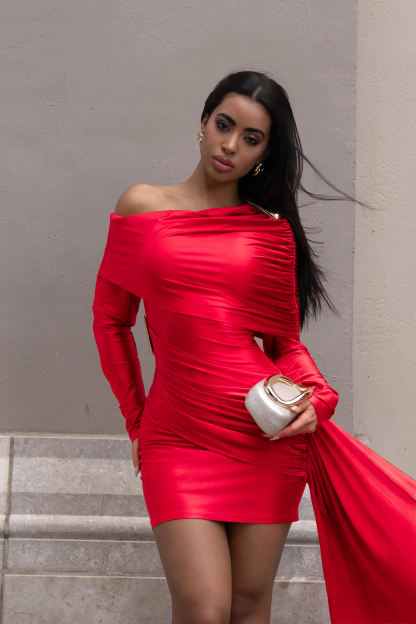 Off-Shoulder Long Sleeve Gathering Mini Dress