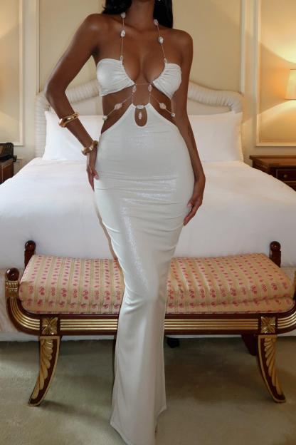 Metallic Fabric Beaded Chain Cut-Out Maxi Dress