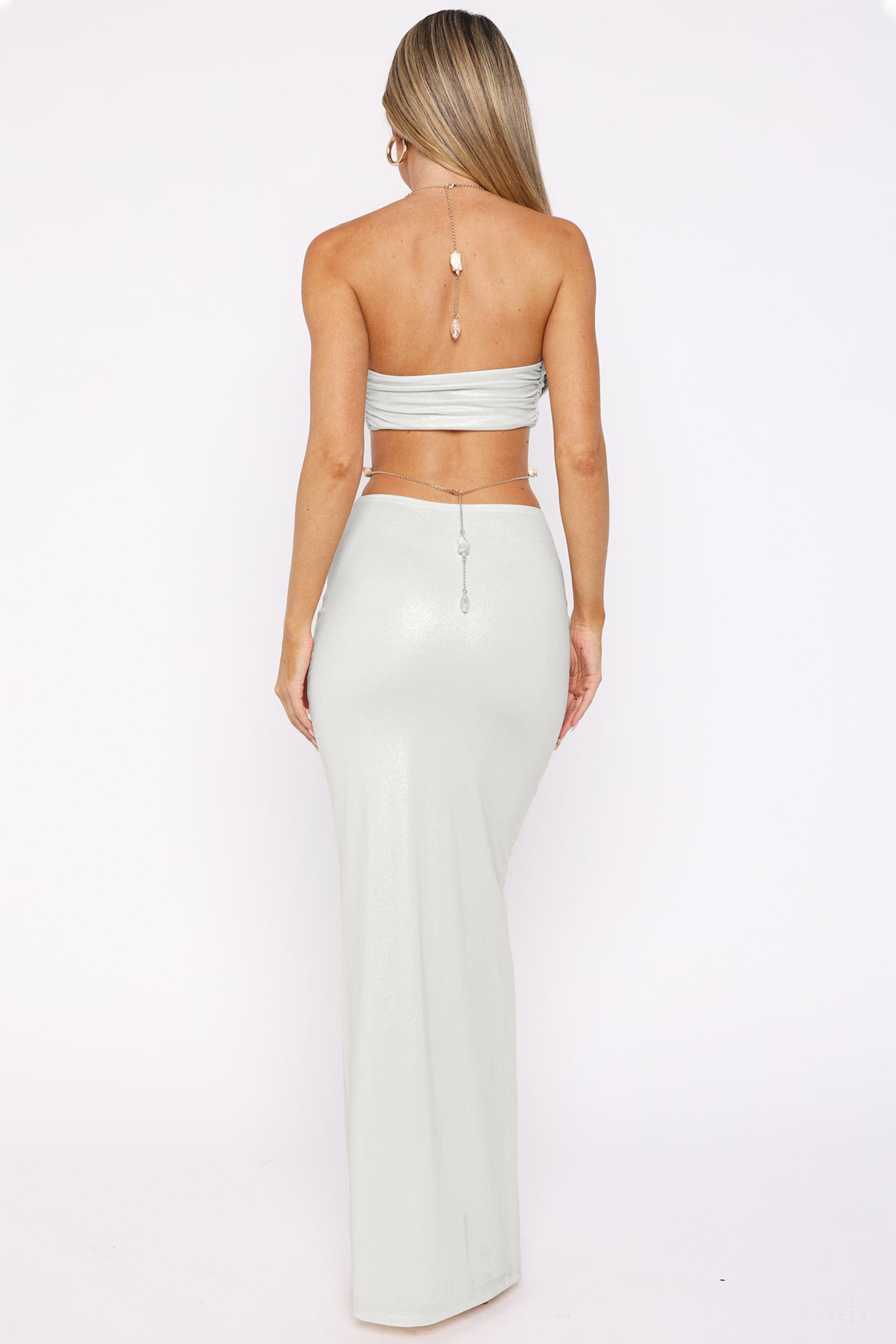 Metallic Fabric Beaded Chain Cut-Out Maxi Dress