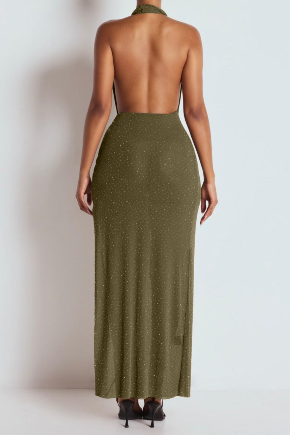 Rhinestone Luxury Halter Neck Slit Maxi Dress