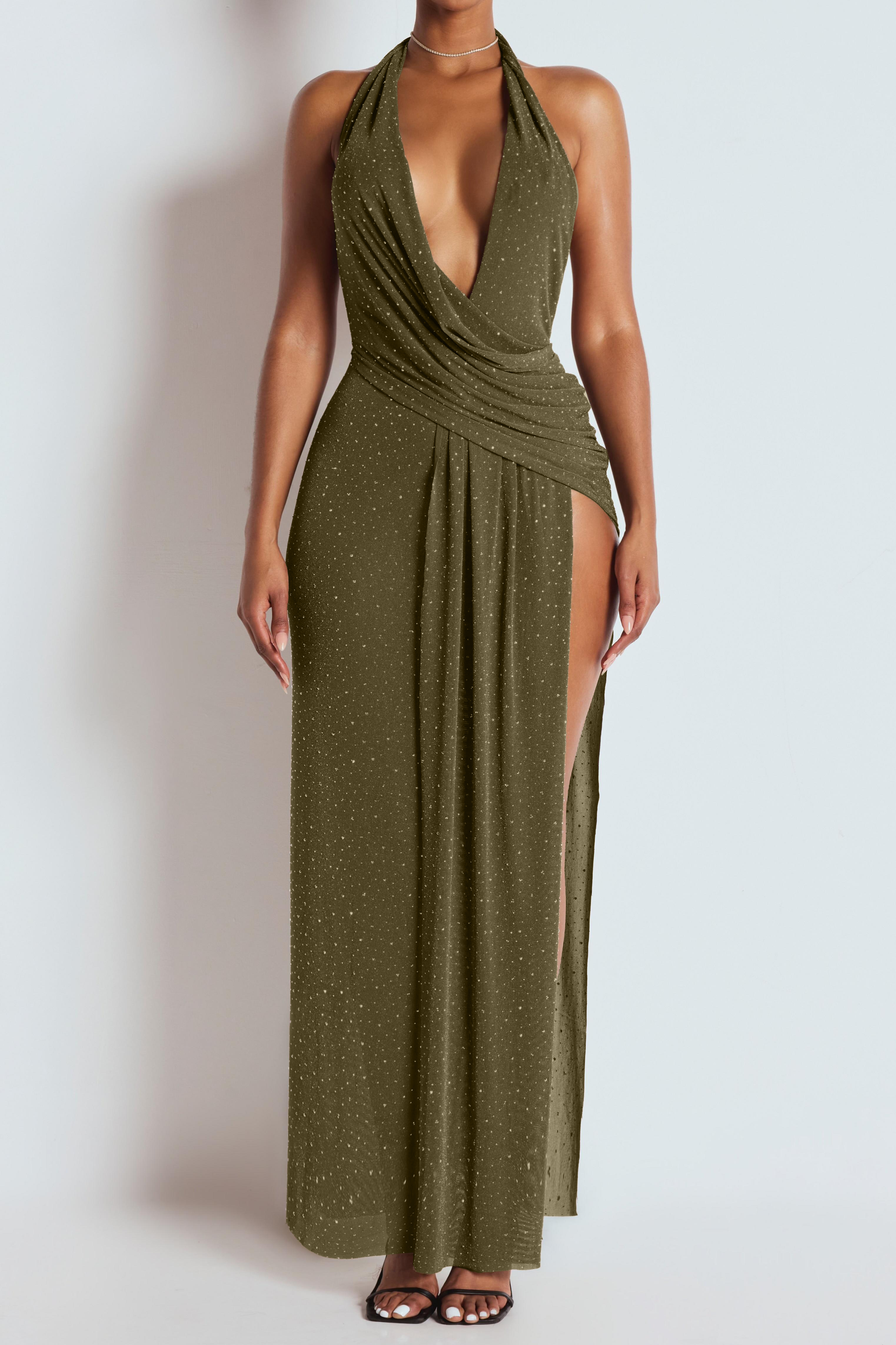 Rhinestone Luxury Halter Neck Slit Maxi Dress