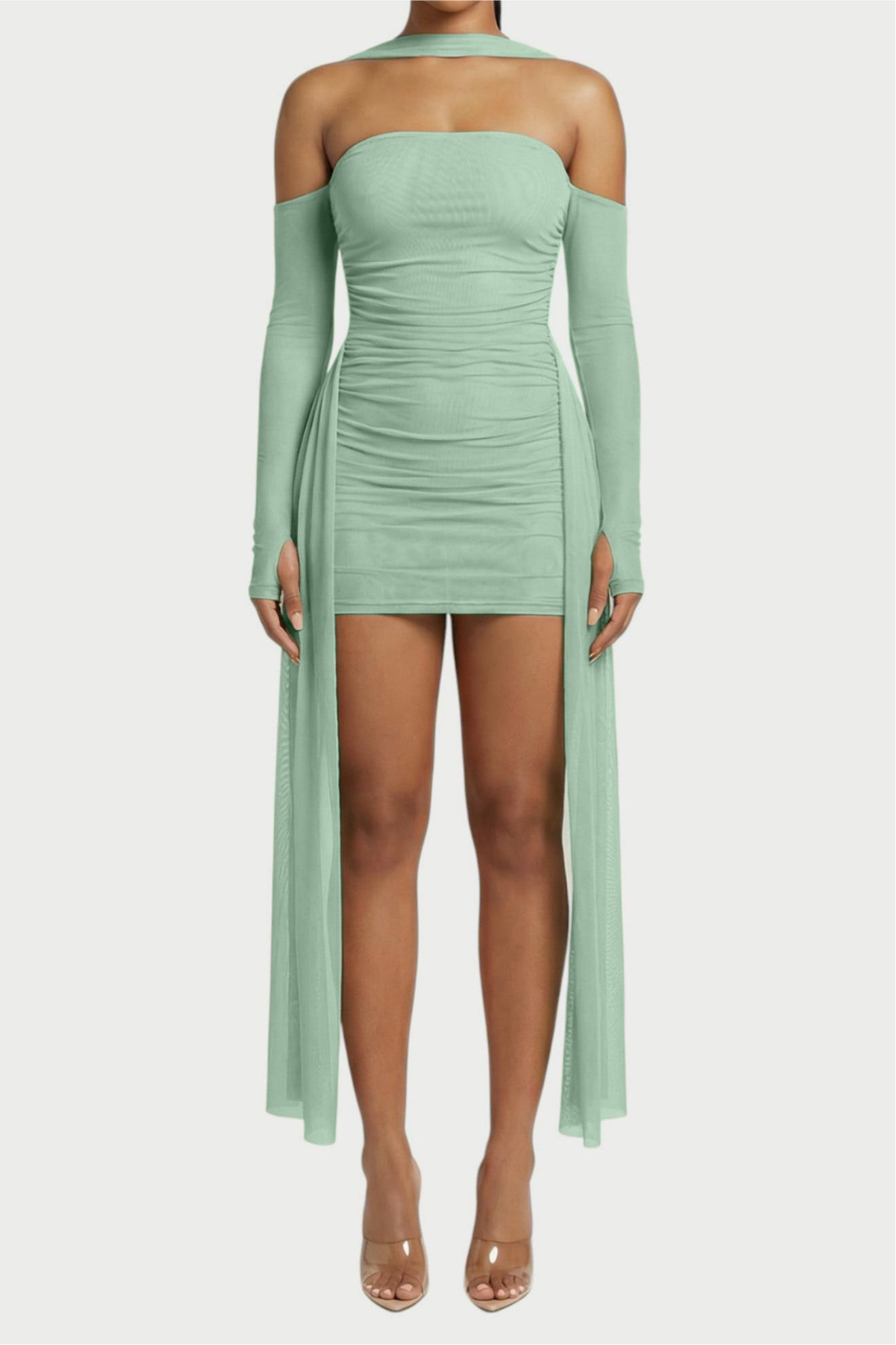 Mesh Ruched Off Shoulder Mini Dress