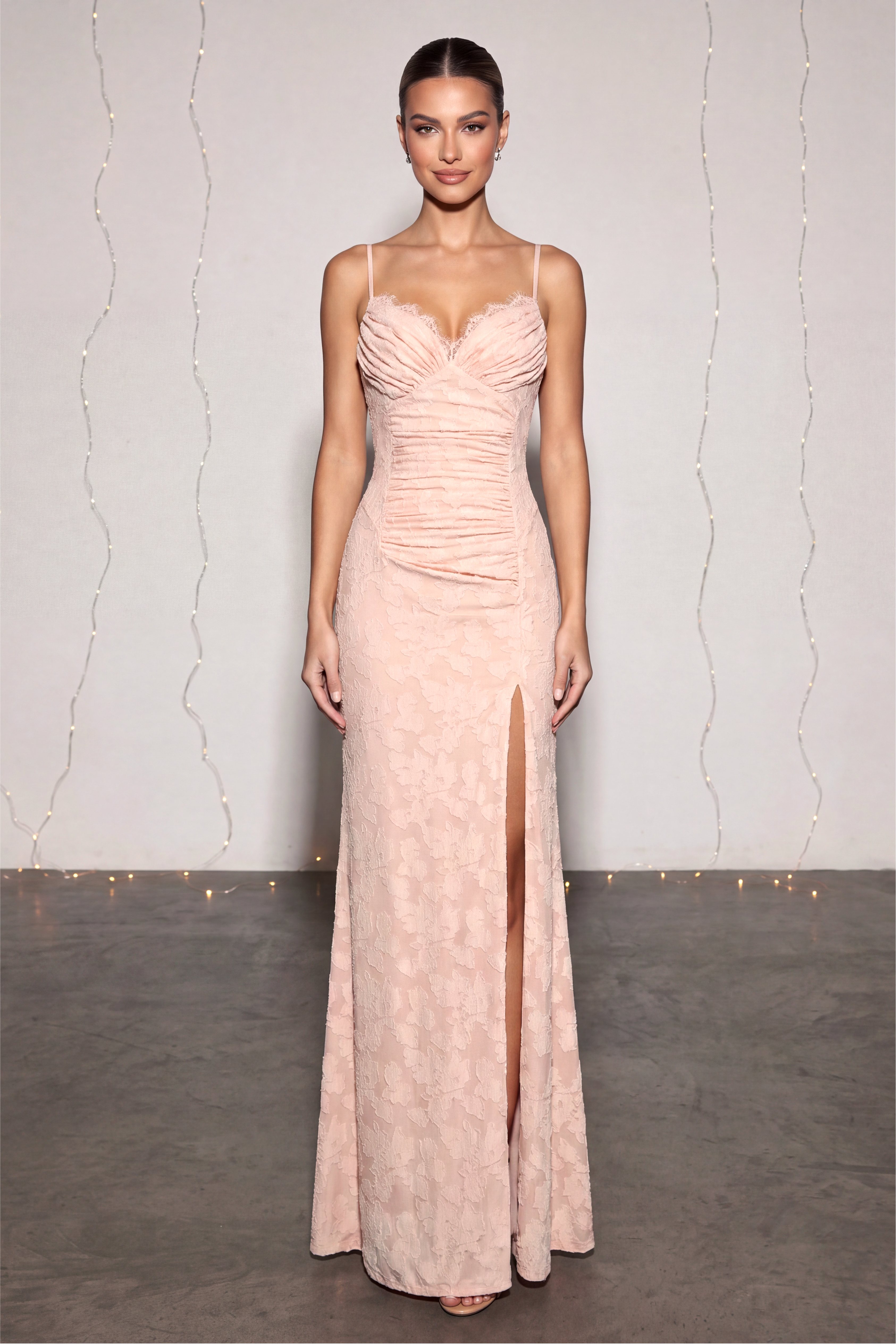 Jacquard Splicing Lace Slit Maxi Dress