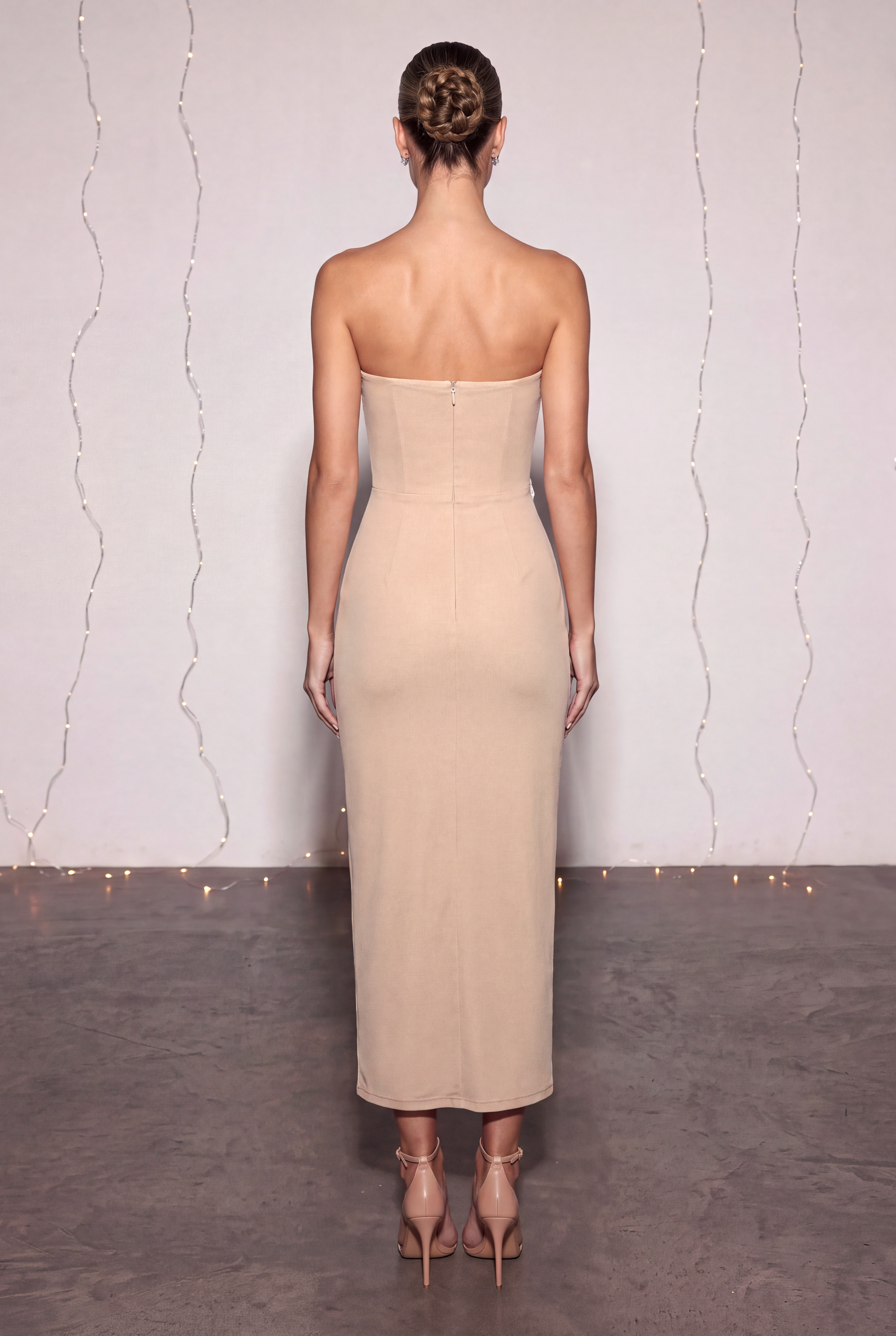 Mesh Rhinestone Stand Collar Midi Dress