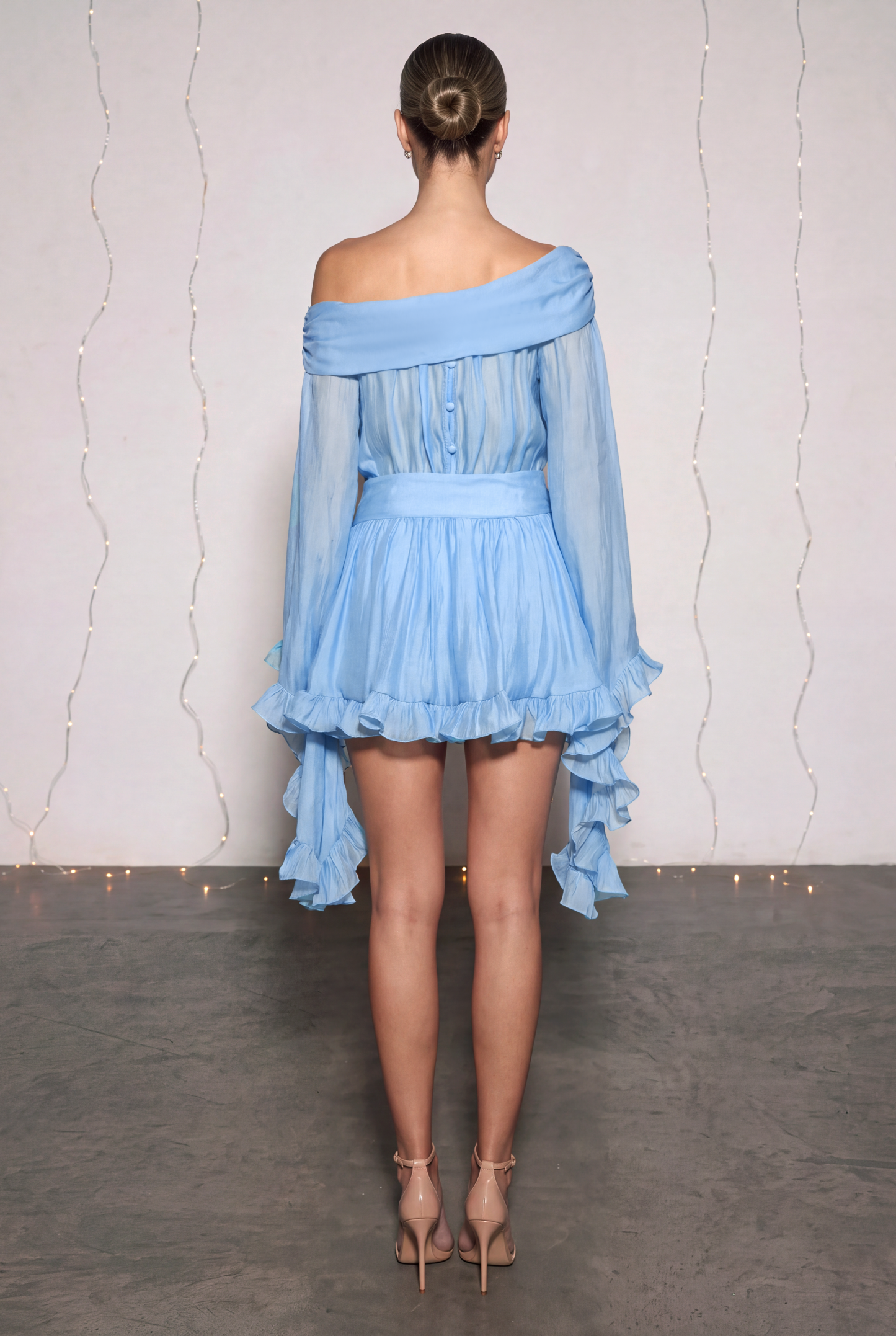 Solid Skew Collar Ruffle Top & High Waist Mini Skirt Set
