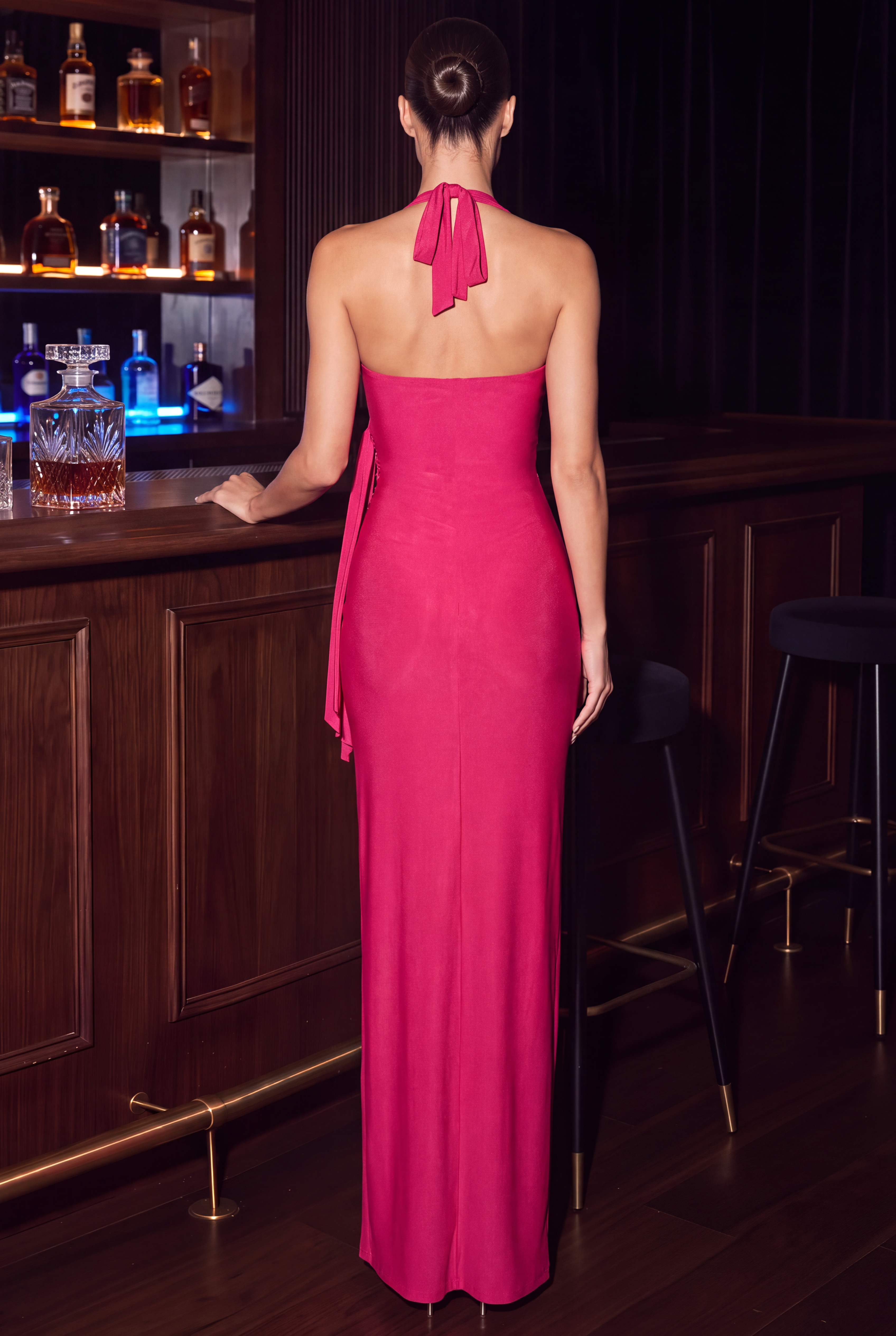 Solid Halter Neck Slit Midi Dress