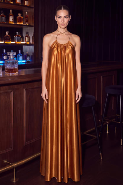 Satin Metal Ring Halter Draped Maxi Dress