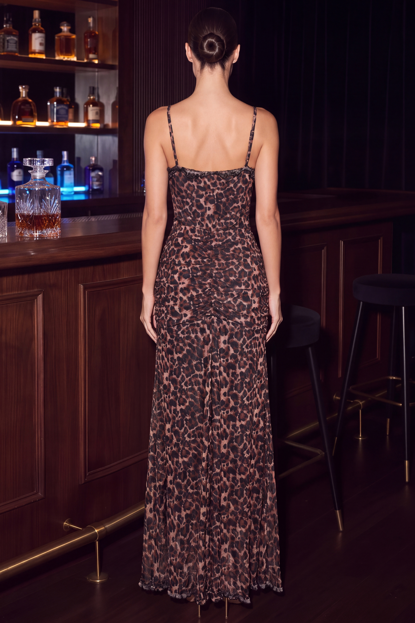 Mesh Leopard Print  Frill Maxi Dress