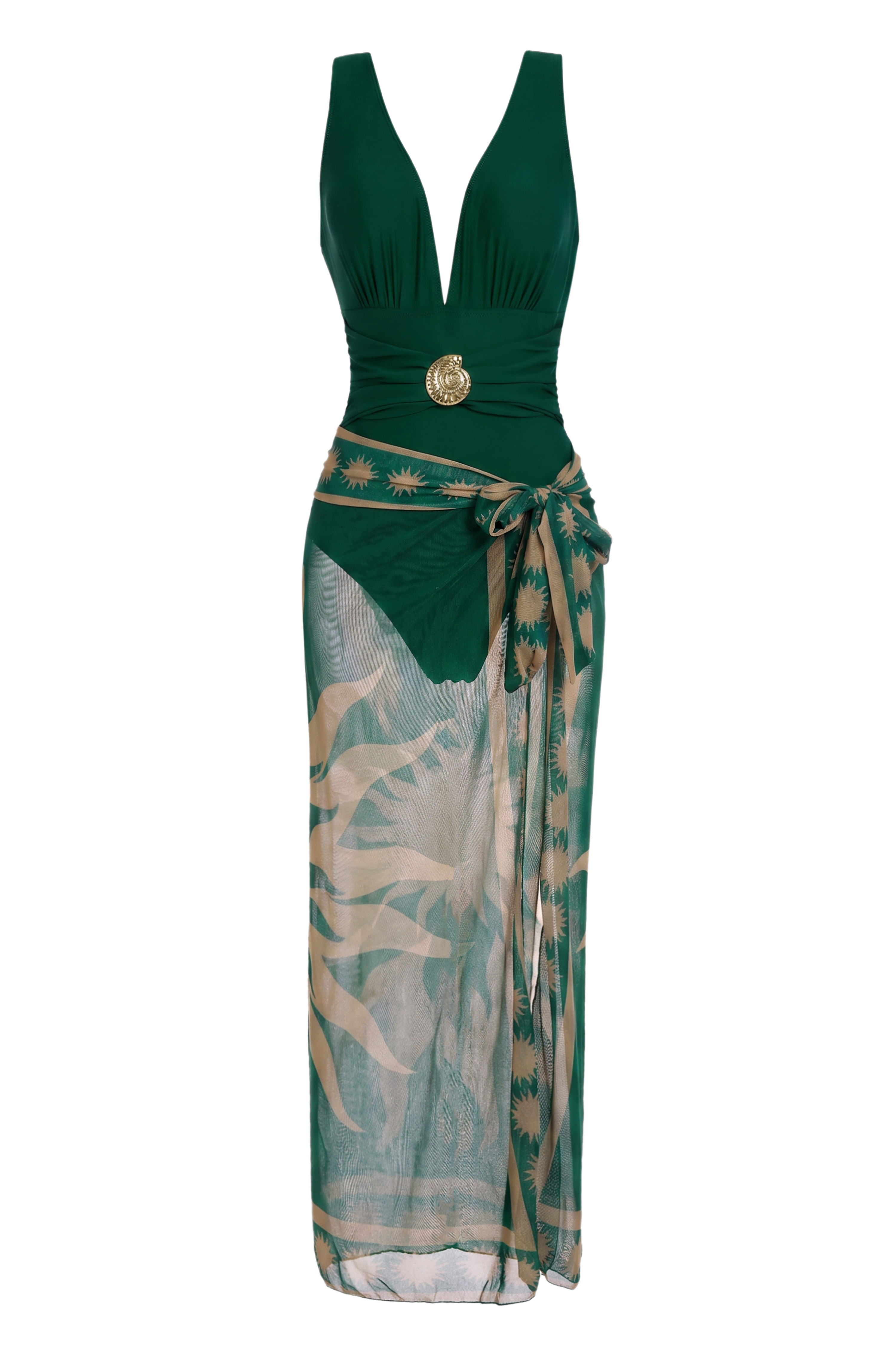 Metallic Conch Decorated One Piece Swimsuit & Tie-Wrap Cover Up Skirt Set
