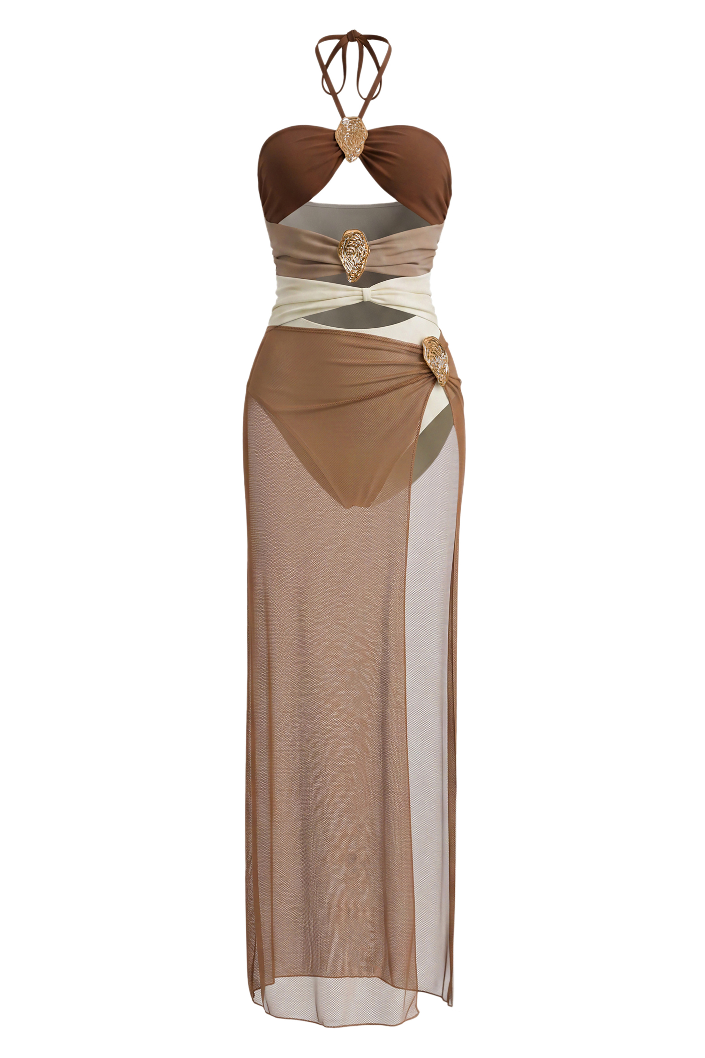 Halter-Neck Metal  Decorated One Piece Swimsuit & Cover Up Skirt Set