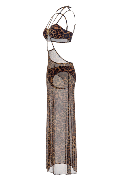Leopard Print  Metal Decorations  Tie-Up Bikini Three Piece Set