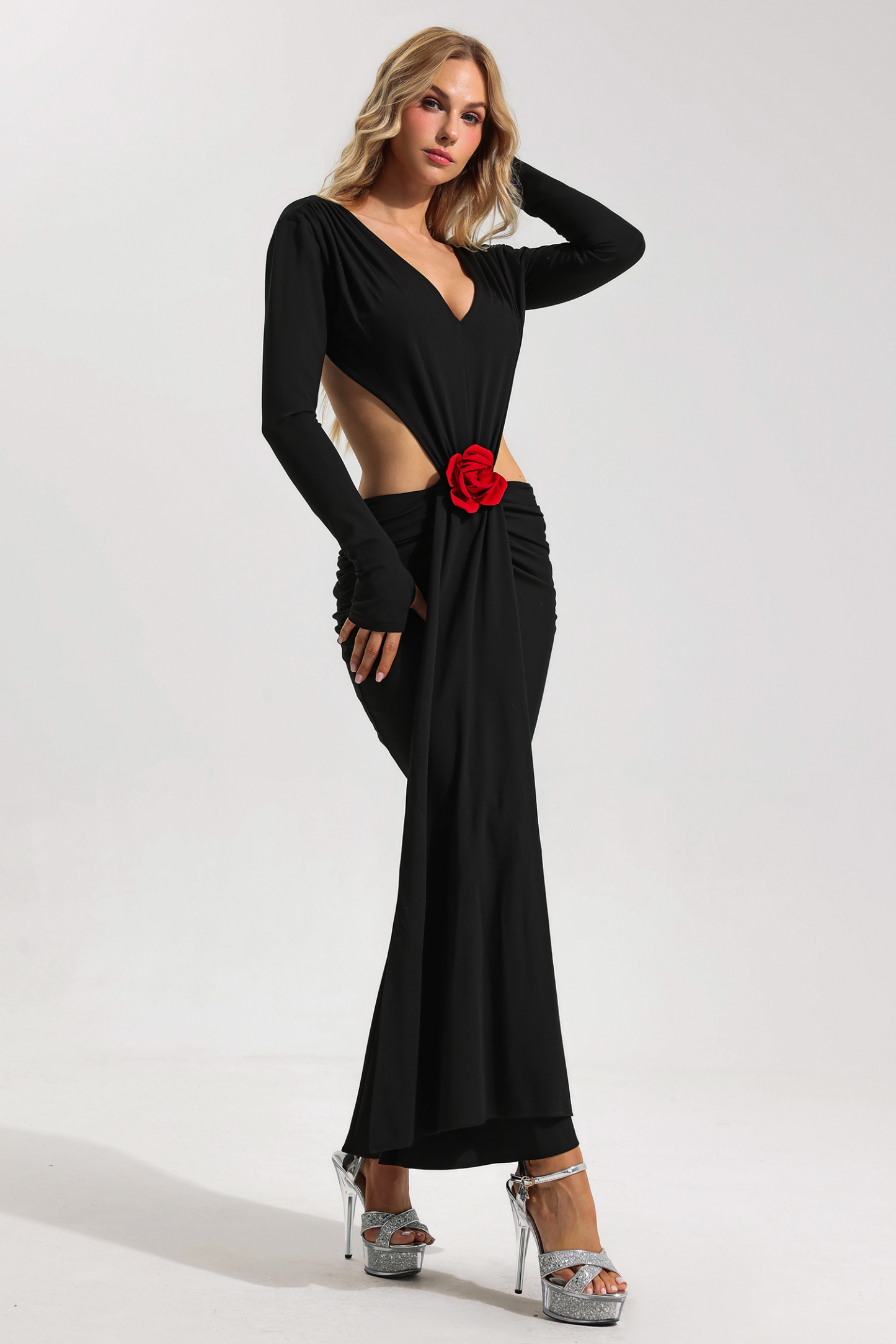 V-neck Backless Cut Out Split Midi Dress
