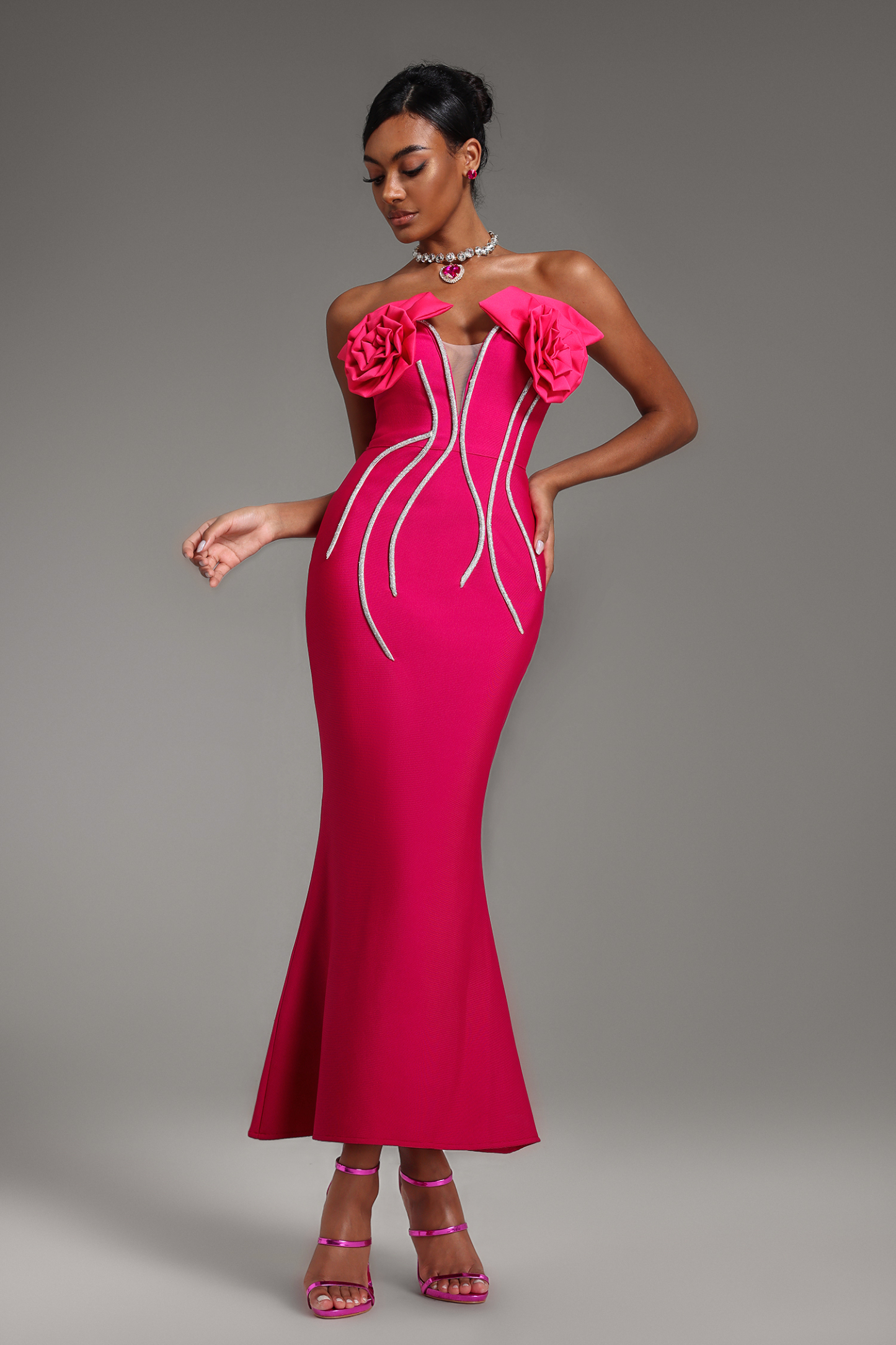 3D Flower Knit Off-Shoulder Maxi Dress