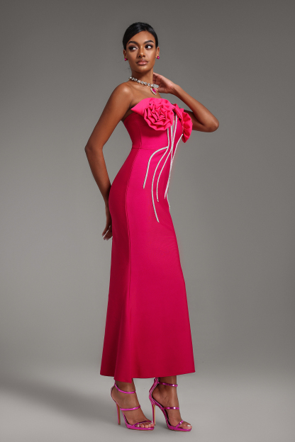 3D Flower Knit Off-Shoulder Maxi Dress