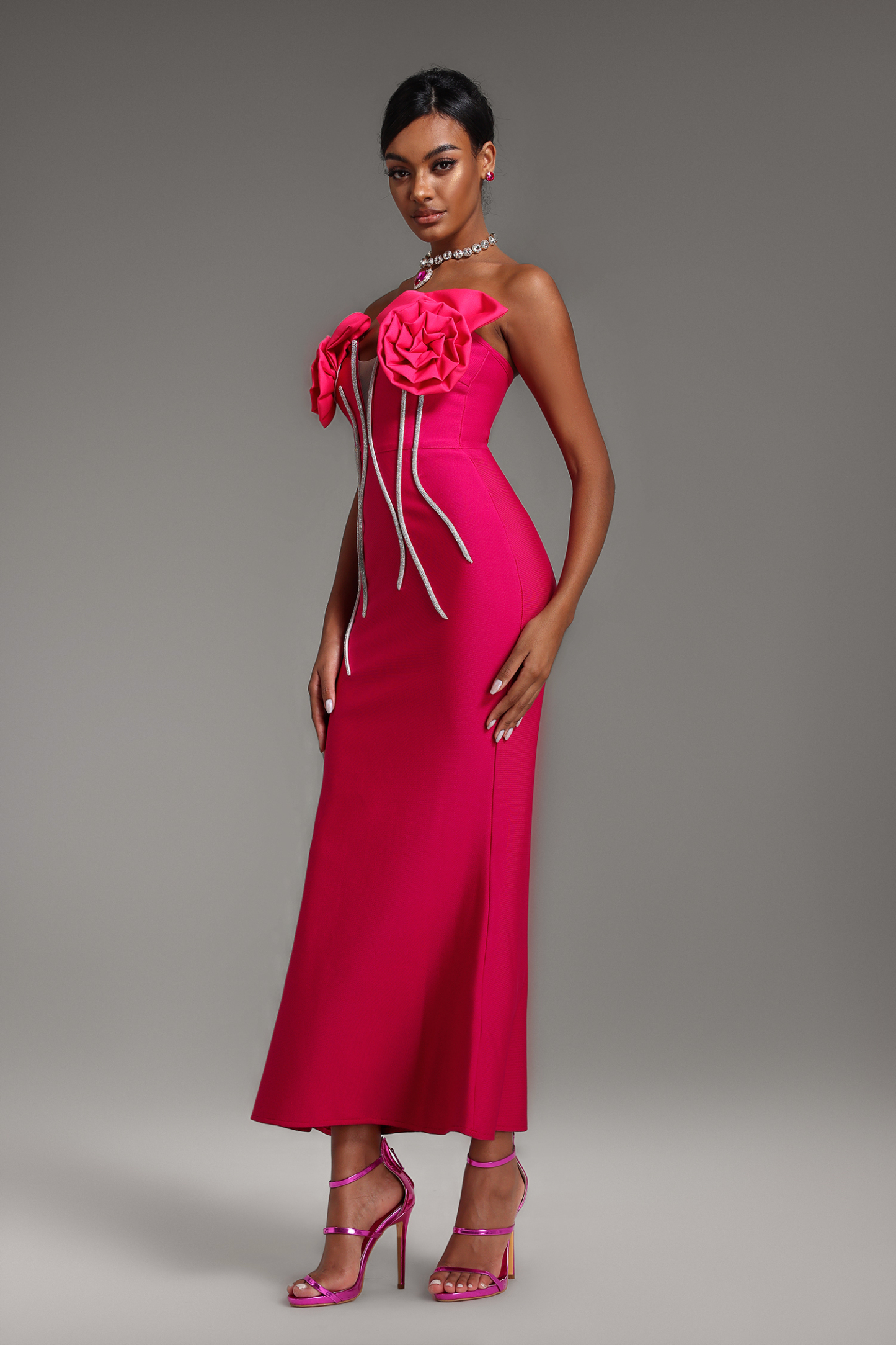 3D Flower Knit Off-Shoulder Maxi Dress