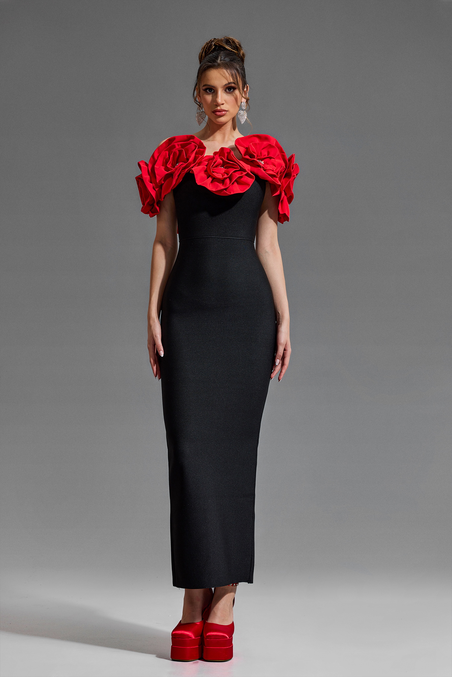 3D Flower Bandage Off Shoulder Midi Dress