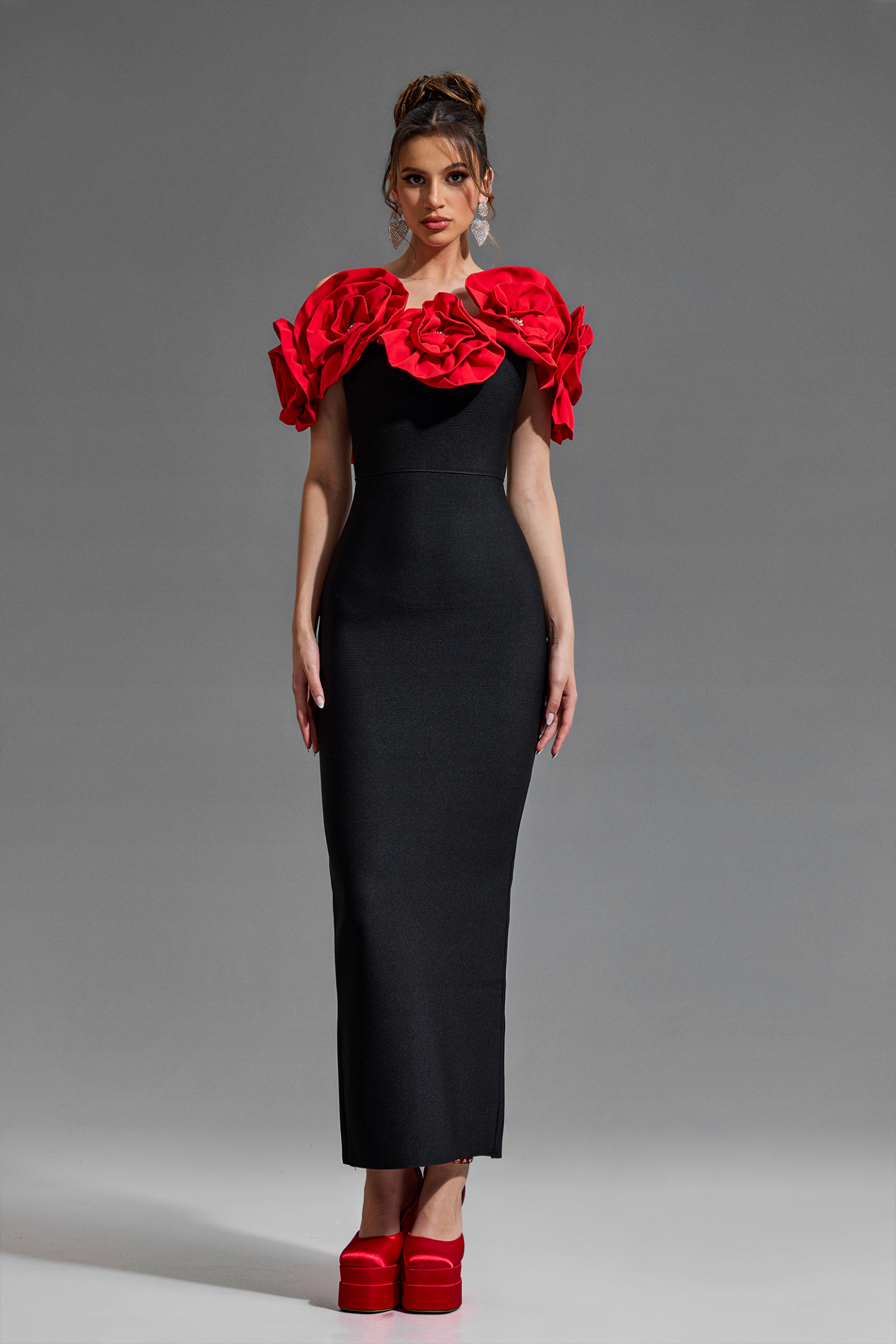 3D Flower Bandage Off Shoulder Midi Dress