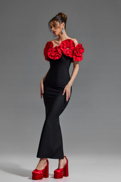 3D Flower Bandage Off Shoulder Midi Dress