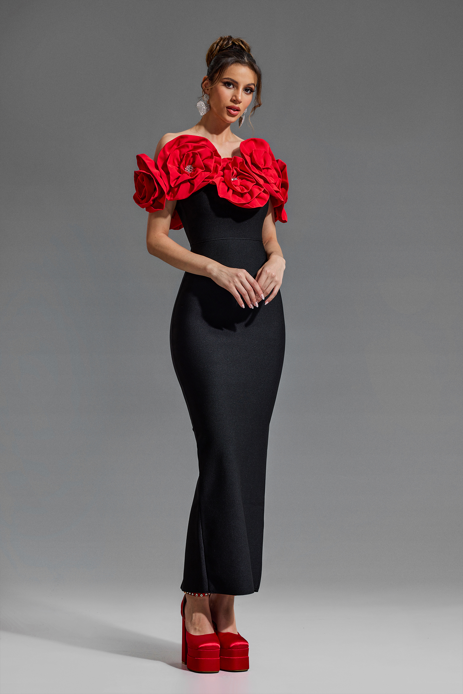 3D Flower Bandage Off Shoulder Midi Dress