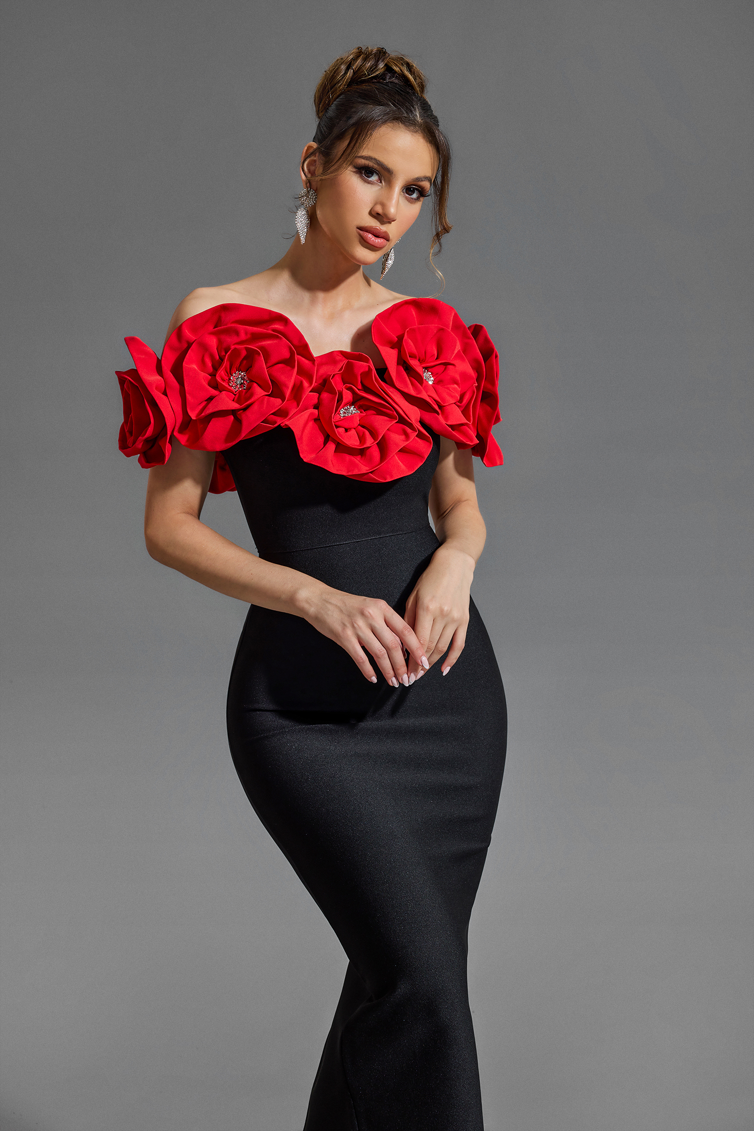 3D Flower Bandage Off Shoulder Midi Dress