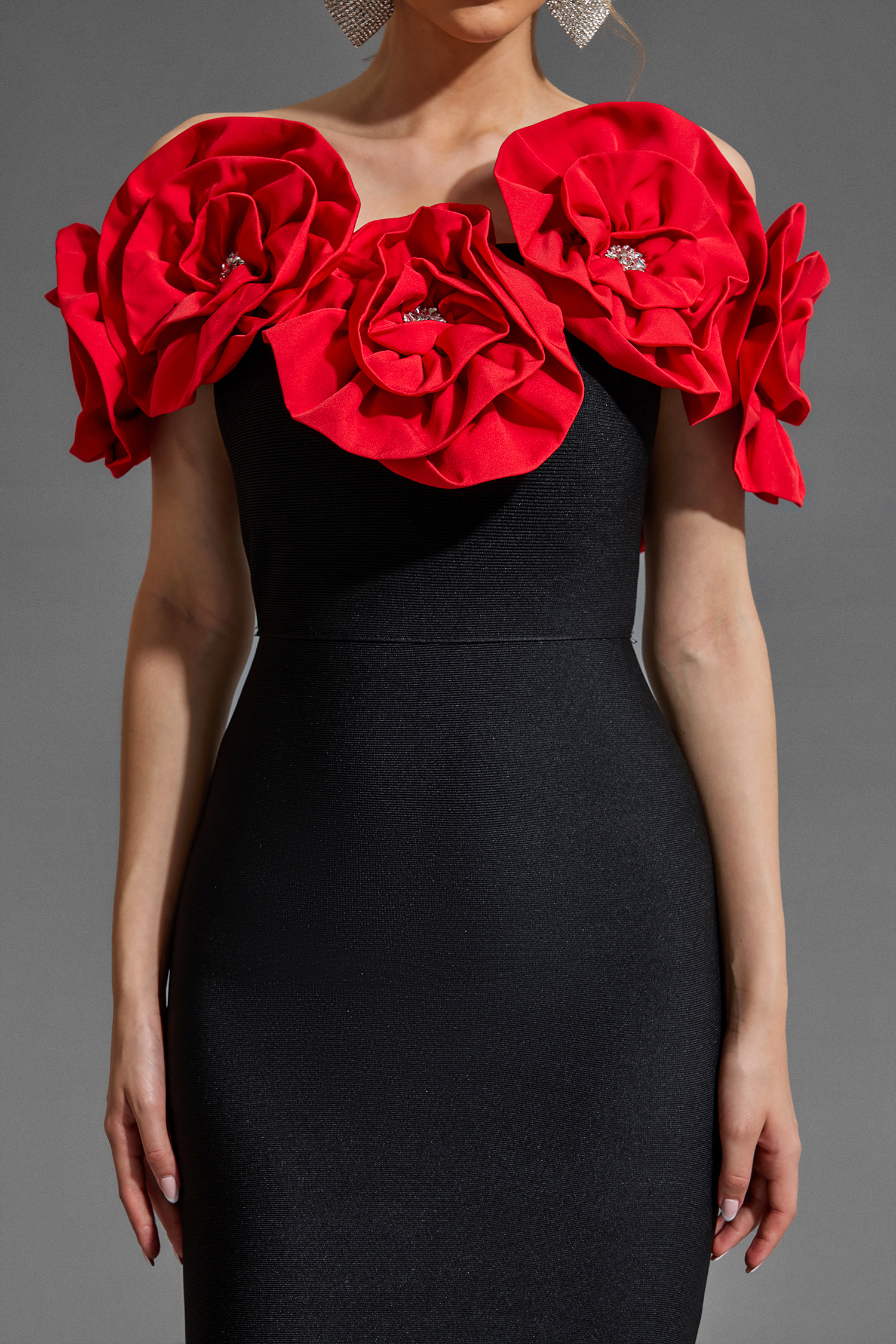 3D Flower Bandage Off Shoulder Midi Dress