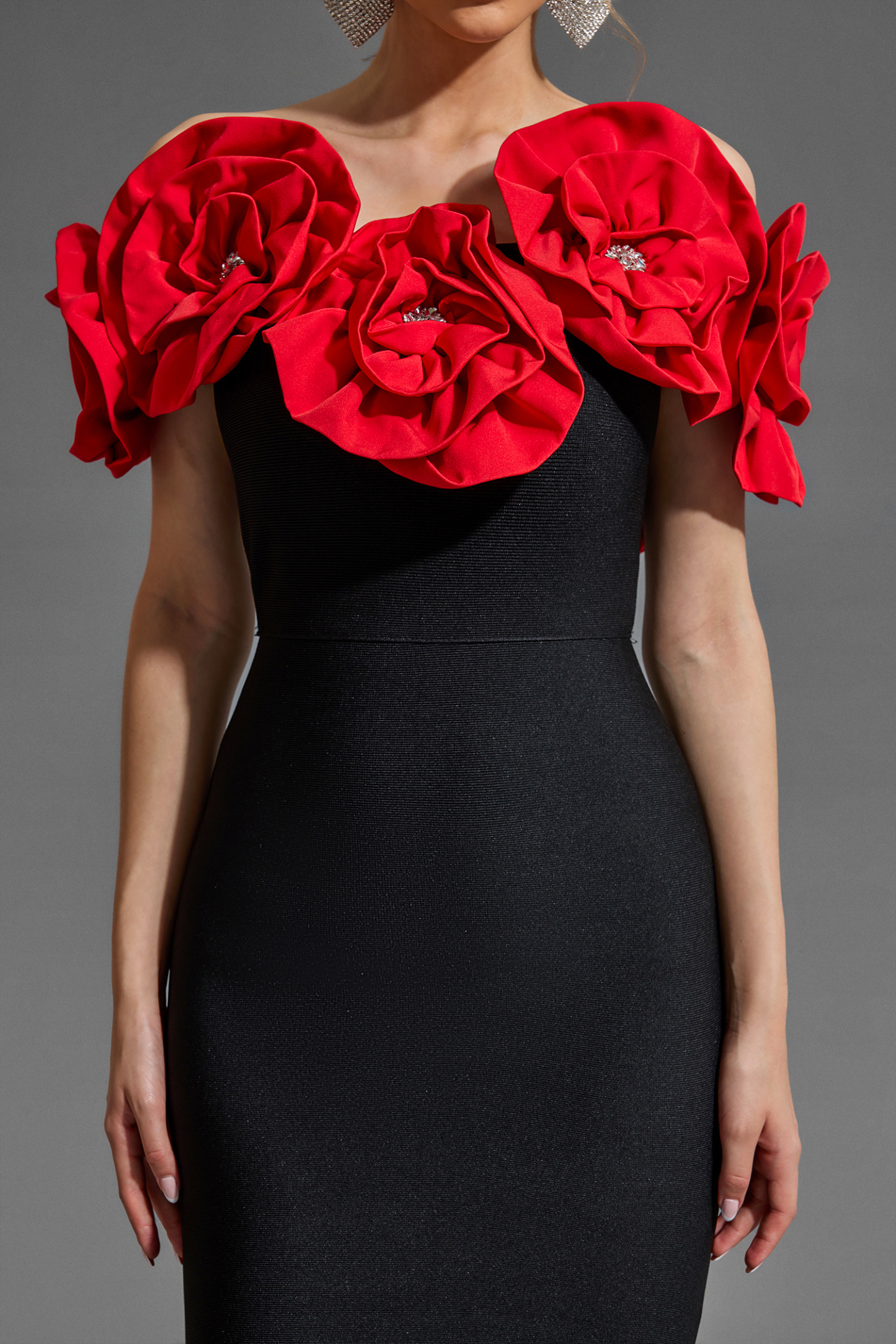 3D Flower Bandage Off Shoulder Midi Dress