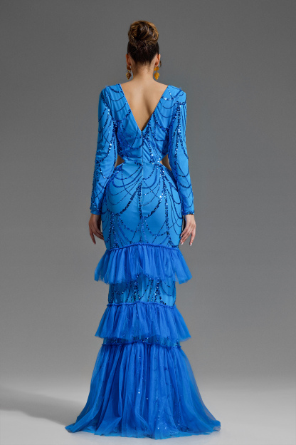 Sequin V-Neck Long Sleeve Split Maxi Dress