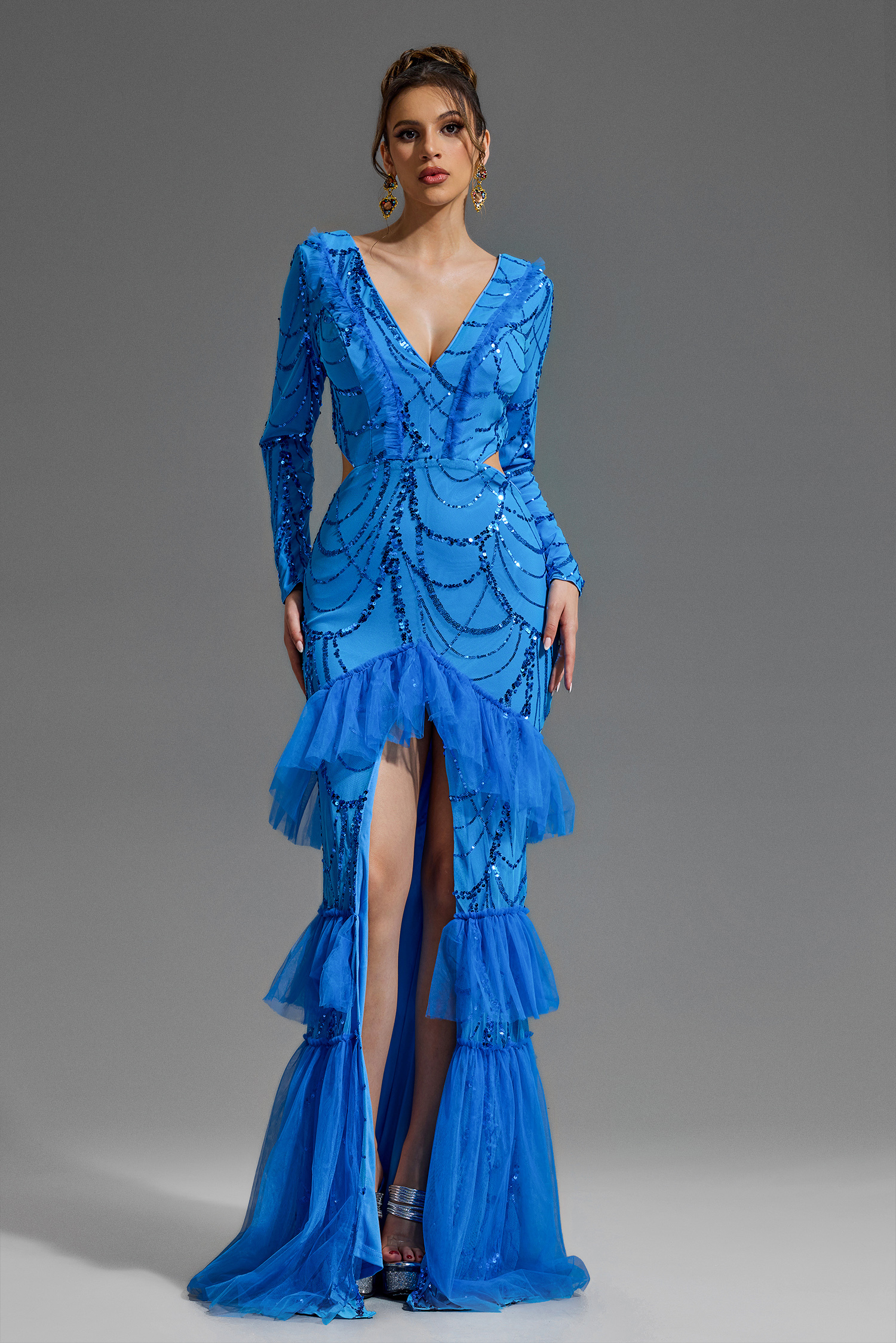 Sequin V-Neck Long Sleeve Split Maxi Dress