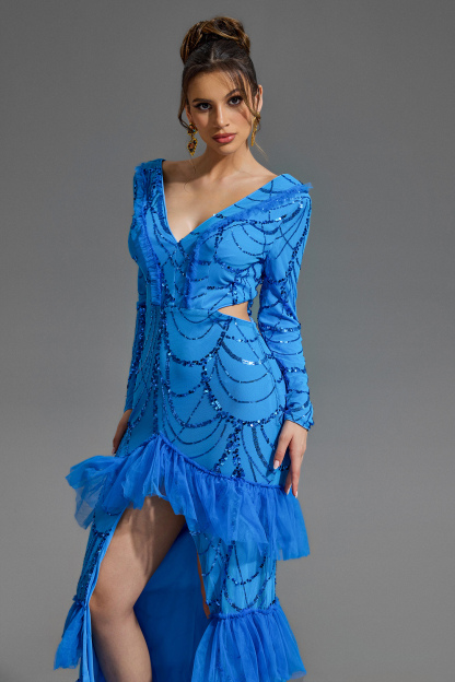 Sequin V-Neck Long Sleeve Split Maxi Dress