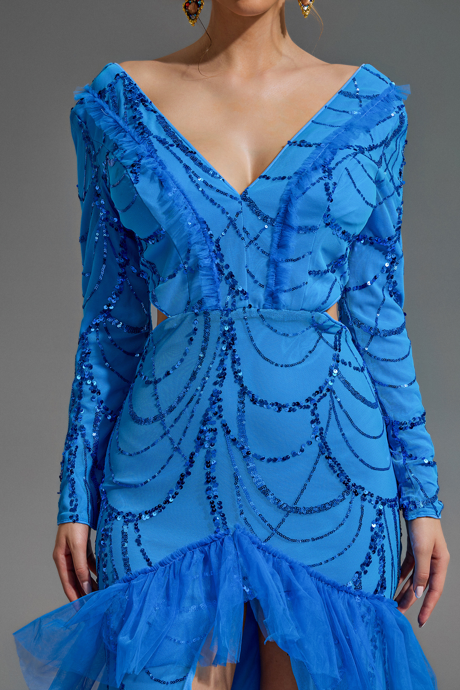 Sequin V-Neck Long Sleeve Split Maxi Dress