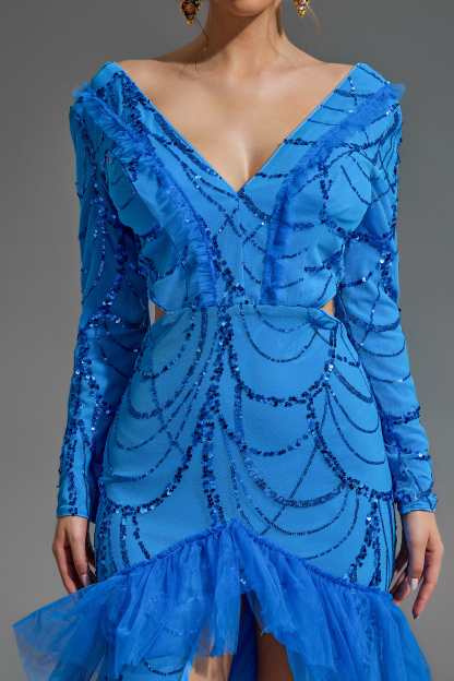 Sequin V-Neck Long Sleeve Split Maxi Dress