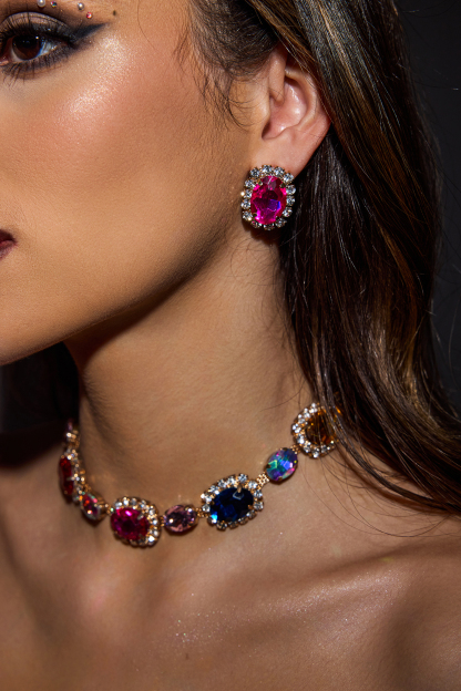 Faux Diamond Stud Earrings & Colorful Nacklace Set