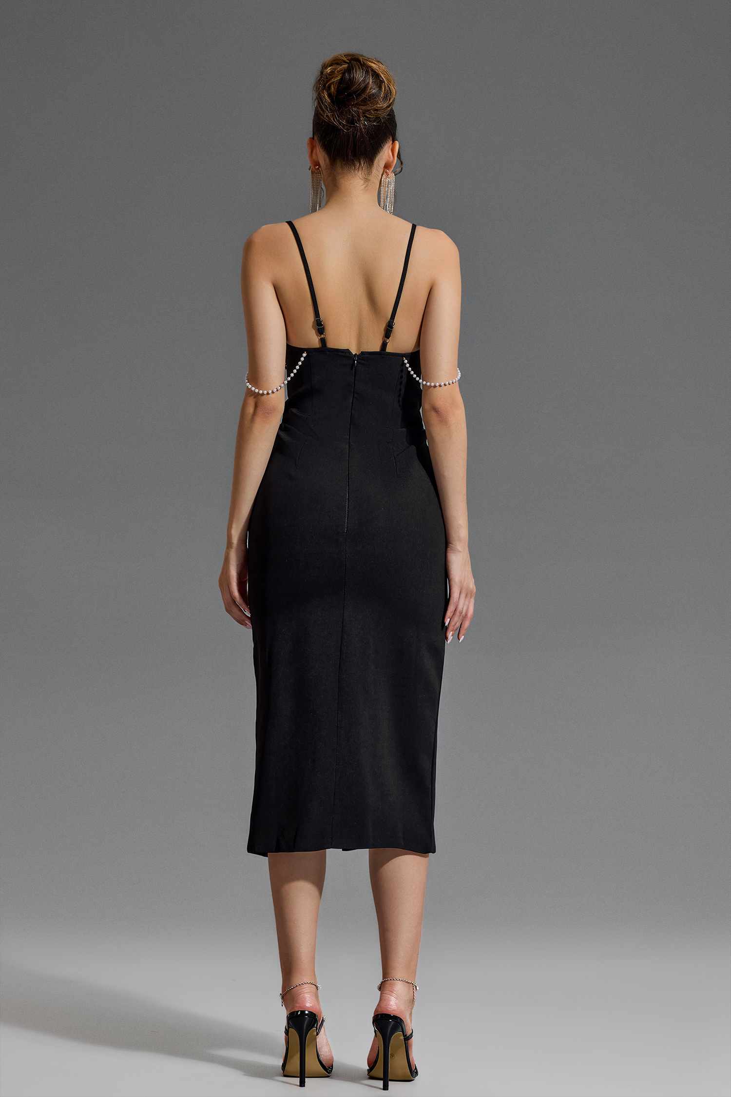 Rhinestone Faux Pearl Split Midi Dress