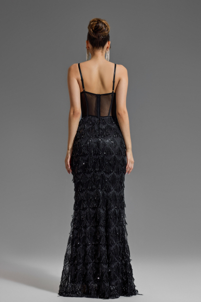 Solid Sequin Tassel Sweetheart Neck Maxi Dress