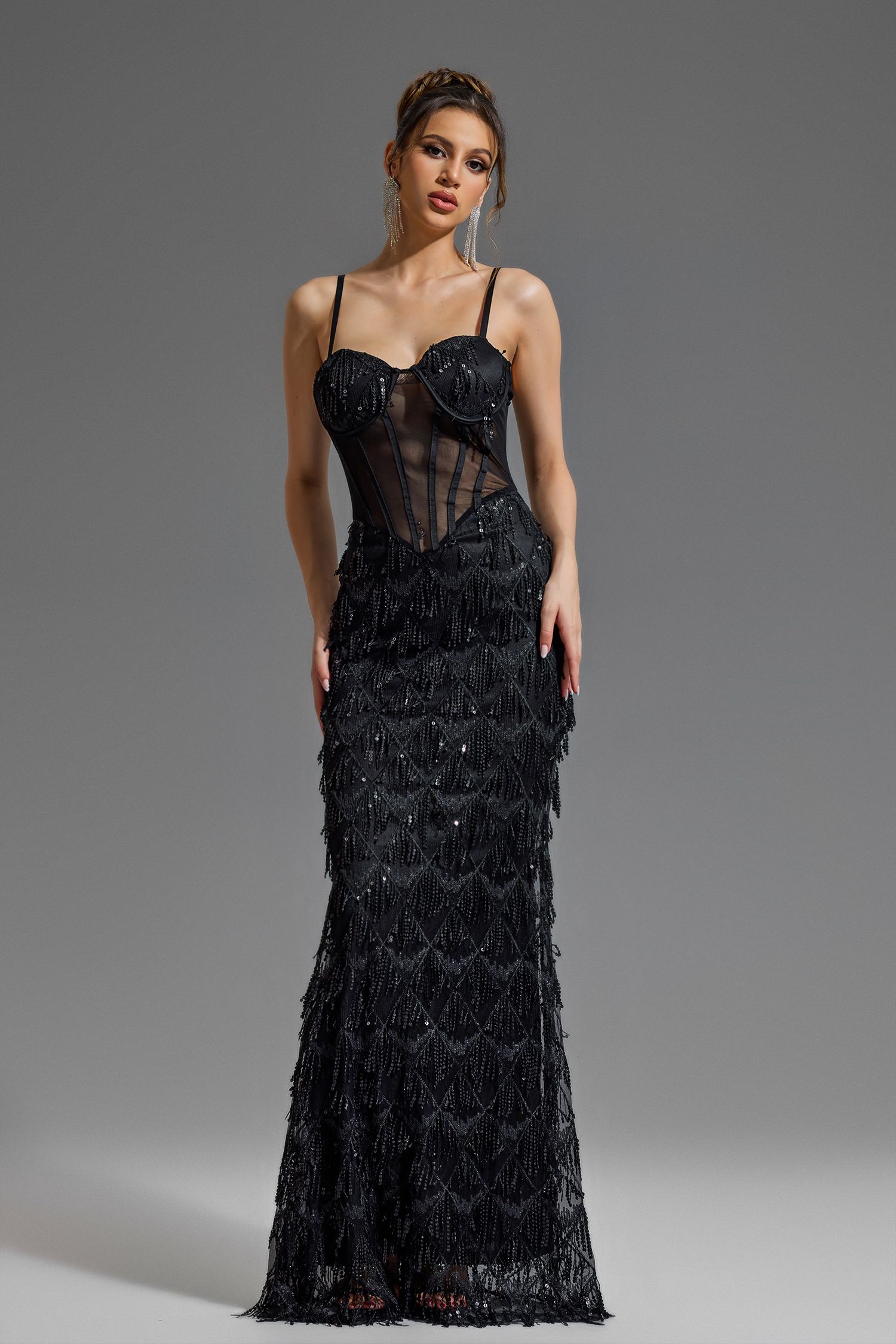 Solid Sequin Tassel Sweetheart Neck Maxi Dress