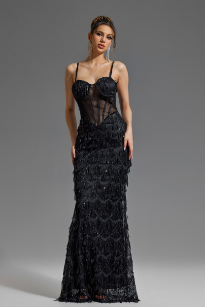 Solid Sequin Tassel Sweetheart Neck Maxi Dress