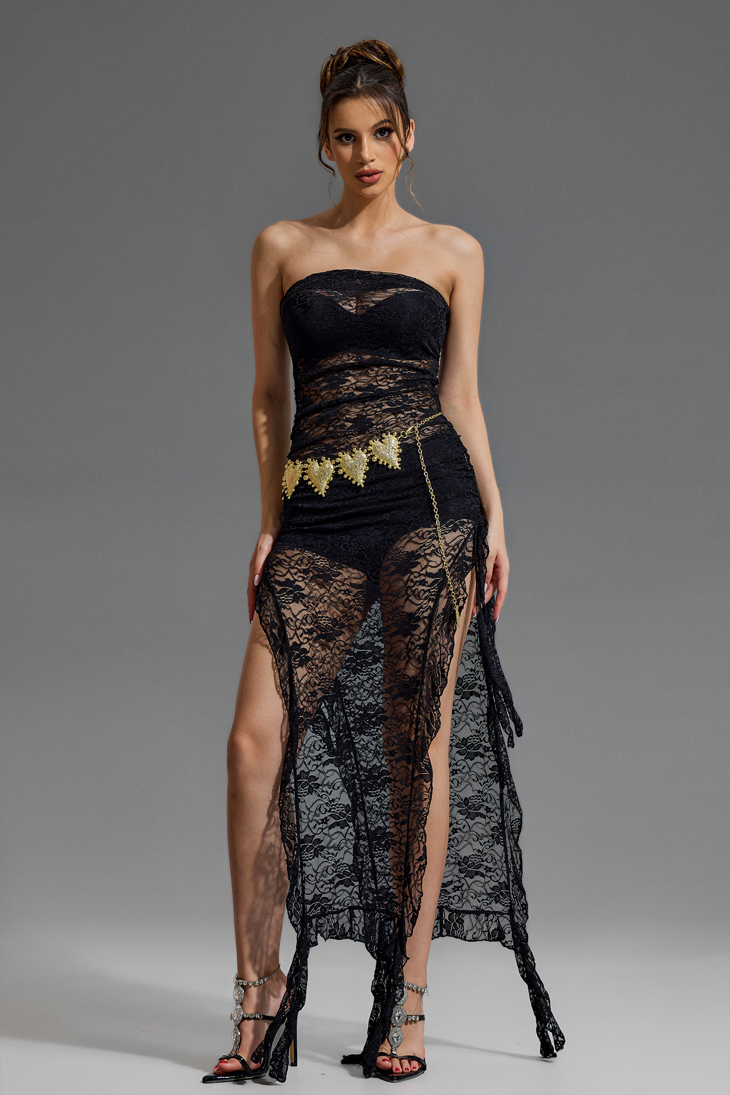 Lace Off Shoulder See-Through Frill Midi Dress