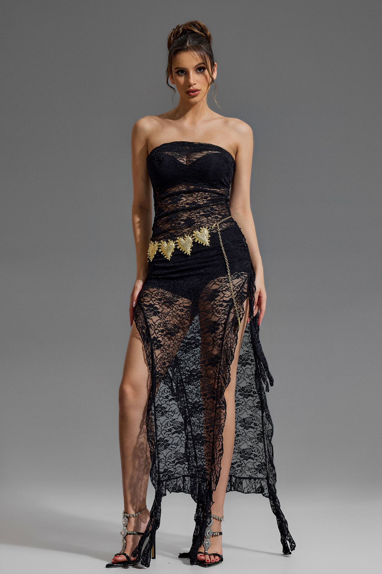 Lace Off Shoulder See-Through Frill Midi Dress