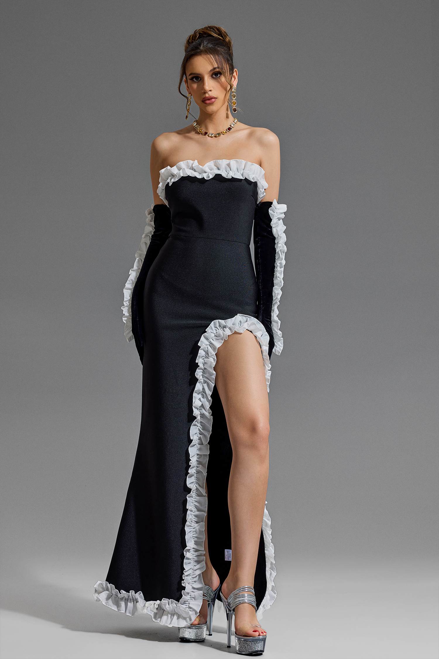 Frill Strapless Split Maxi Dress With Gloves