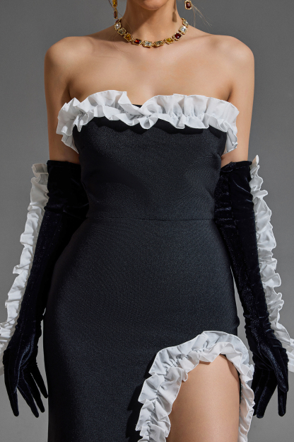 Frill Strapless Split Maxi Dress With Gloves