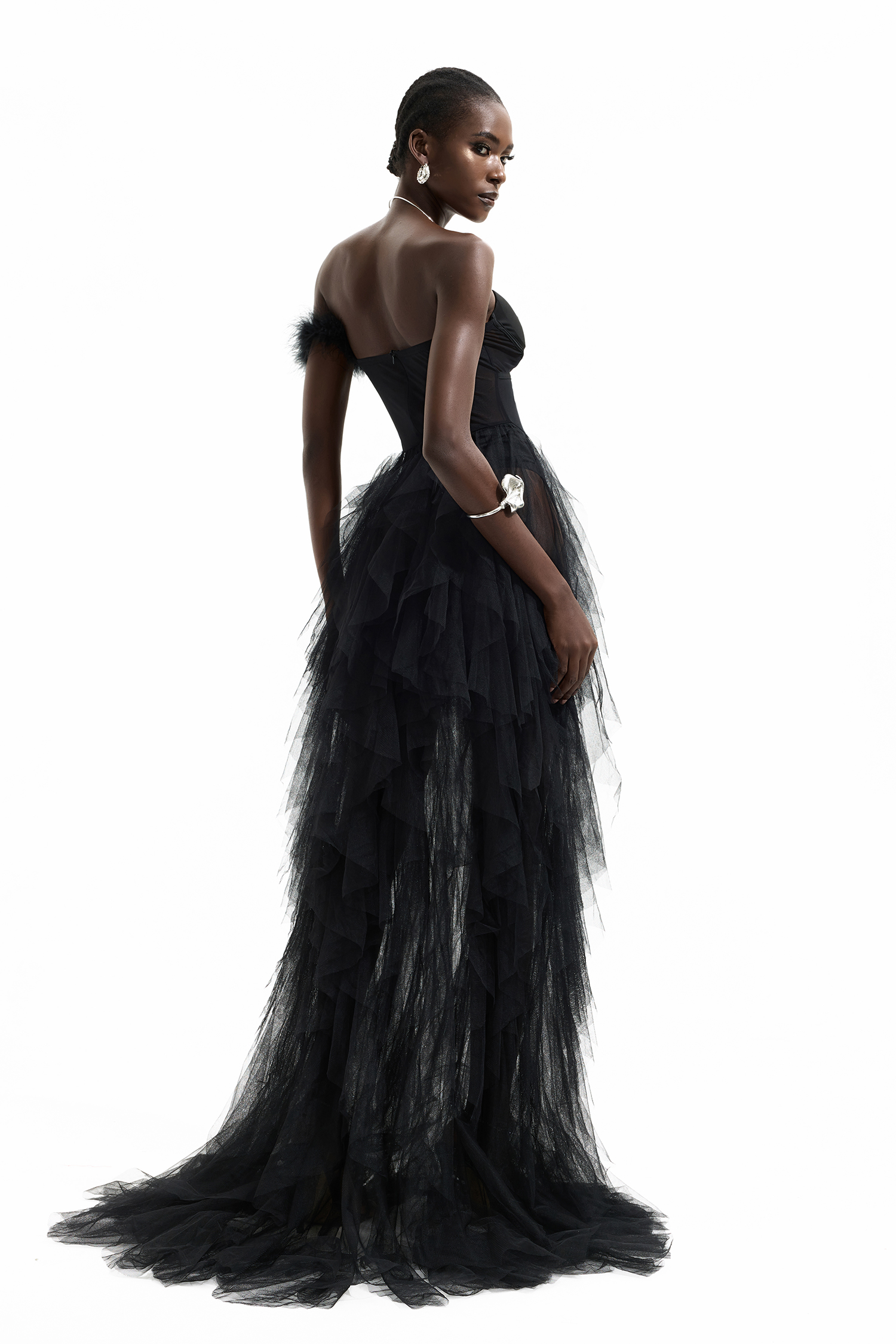 One Shoulder Feather Trimmed Maxi Dress