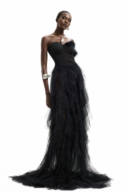 One Shoulder Feather Trimmed Maxi Dress