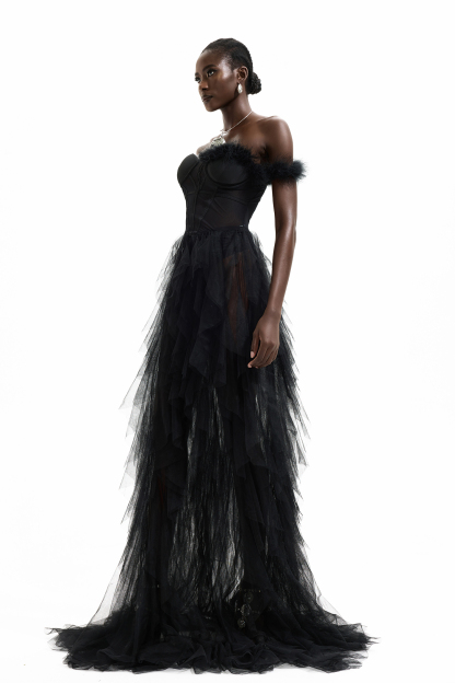 One Shoulder Feather Trimmed Maxi Dress