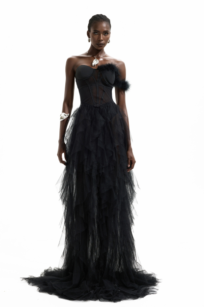 One Shoulder Feather Trimmed Maxi Dress