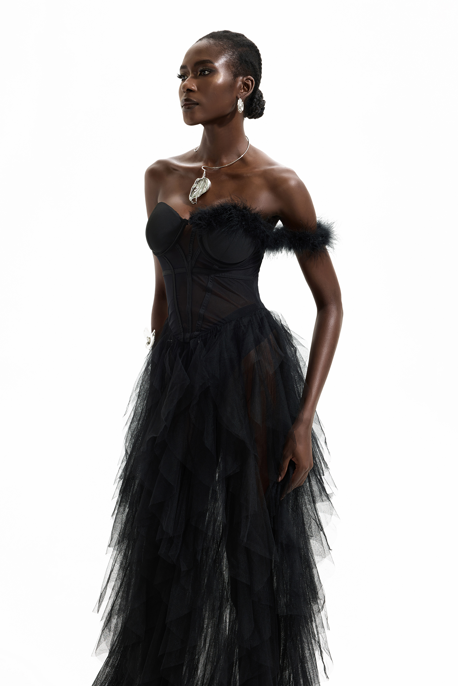 One Shoulder Feather Trimmed Maxi Dress