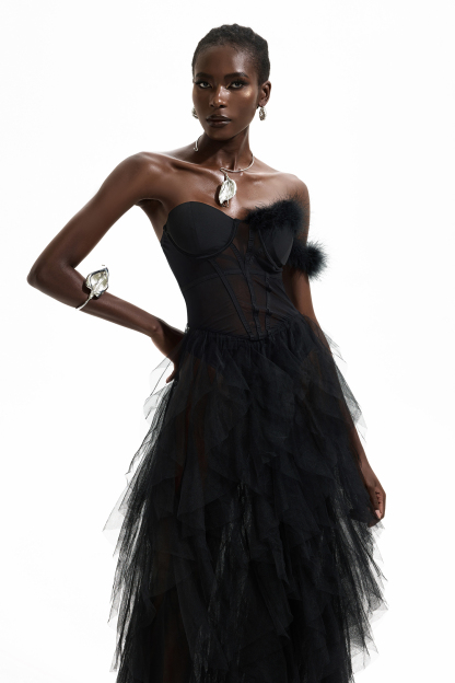 One Shoulder Feather Trimmed Maxi Dress